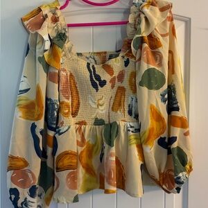 entro Cream Smocked Peplum Blouse with Multicolor Abstract Print